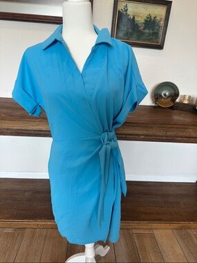 Turquoise Wrap Midi Dress with Tie Waist